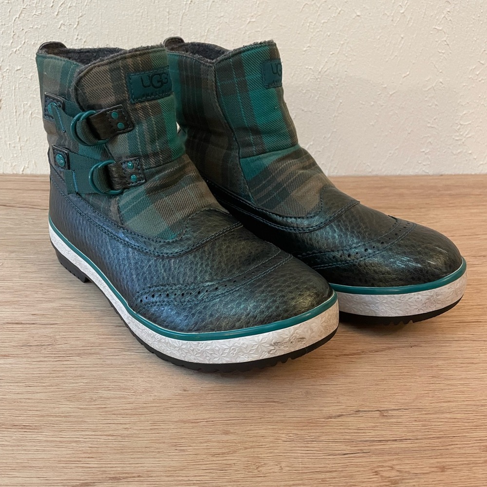 UGG women’s 9 green & black plaid fleece lined double side buckle ankle boots